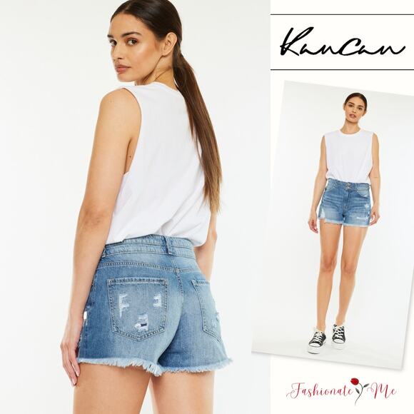 KanCan High Rise Raw Hem Distressed Zipper Fly Medium Washed Mom Denim Shorts - Picture 1 of 9